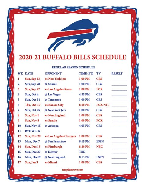 buffalo bills schedule printable